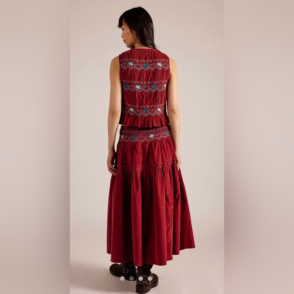 NEW 2 Piece Set Free People Velvet Embroidered Tie Front Top & Midi Maxi Skirt - Picture 2 of 4